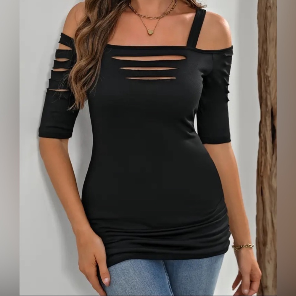 New Fashion-Sexy Cut Out Cold Shoulder Ruched T-Shirt-NEW - Women's Summer. NWOT